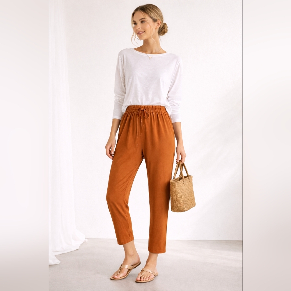 Eileen Fisher Rust Tencel Lyocell Crepe Pants Drawstring Ankle Relaxed Sz M
